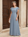 Modest Dusty Blue Chiffon A-Line Scoop Neck Back Zip Ankle-Length Bridesmaid Dress