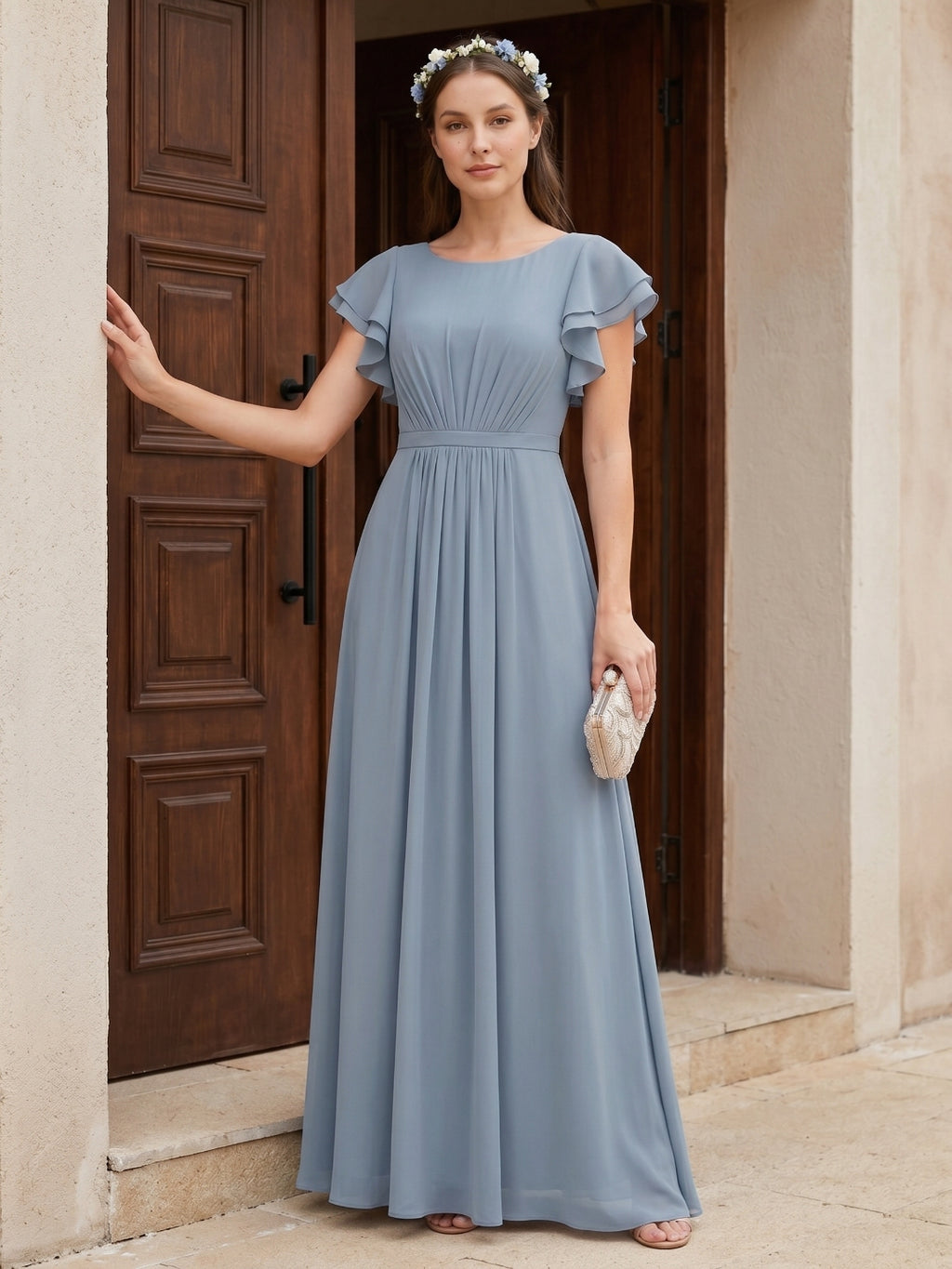 Modest Dusty Blue Chiffon A-Line Scoop Neck Back Zip Ankle-Length Bridesmaid Dress