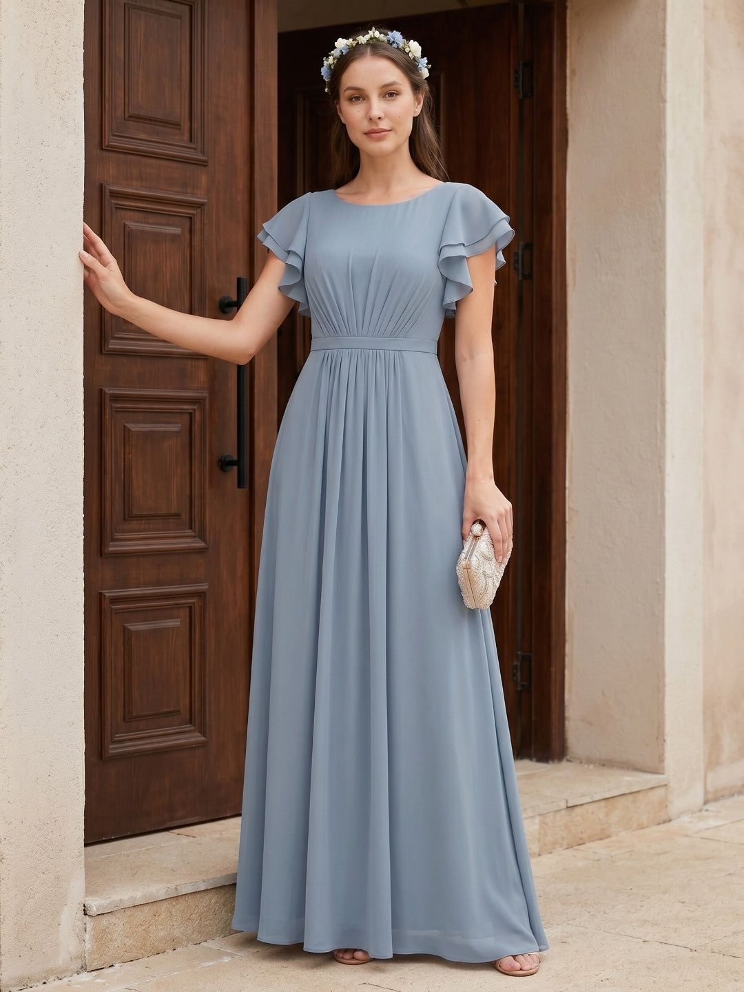 Modest Dusty Blue Chiffon A-Line Scoop Neck Back Zip Ankle-Length Bridesmaid Dress