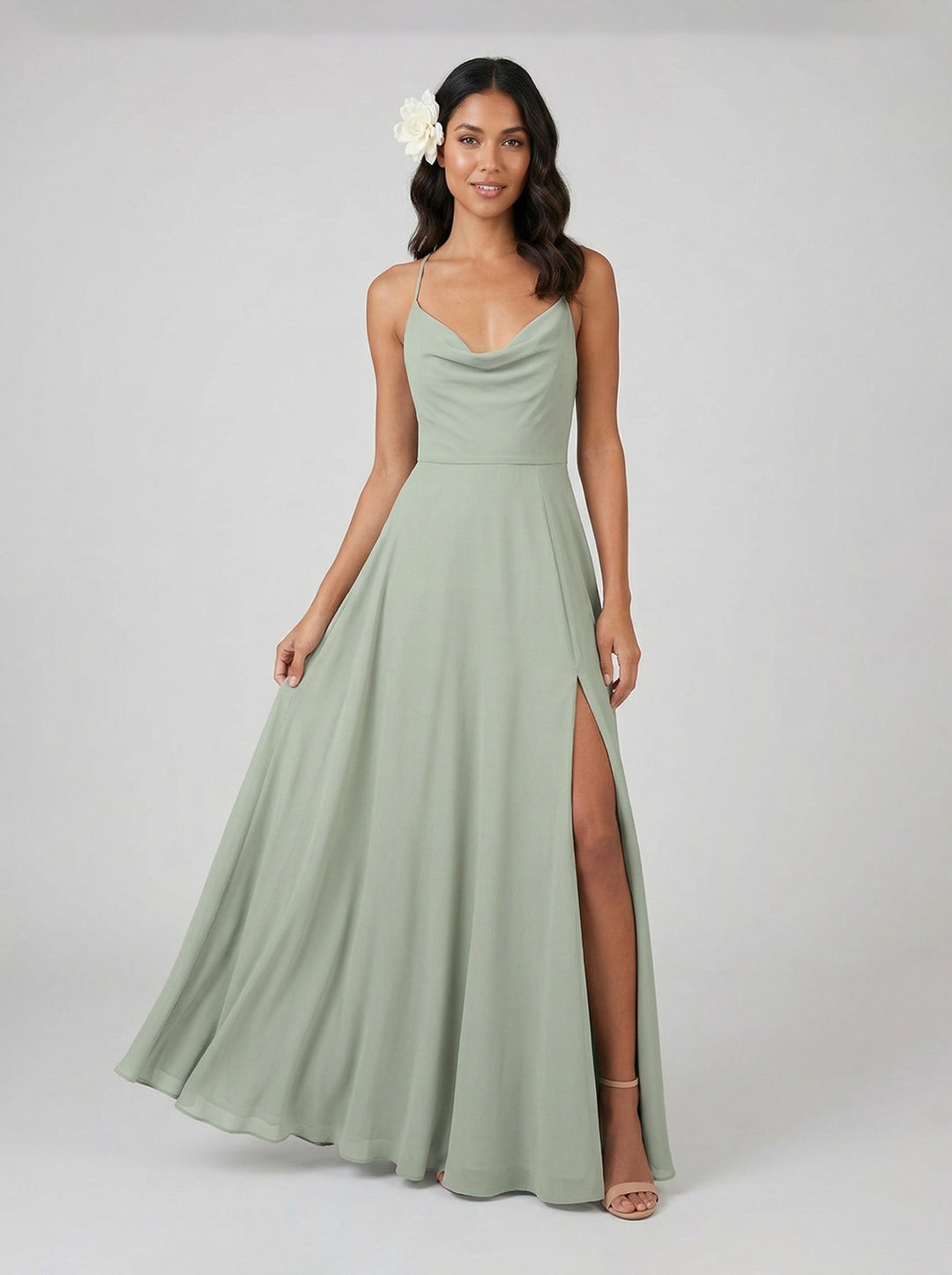 Modest Mint Green Chiffon A-Line Cowl Neck Criss-Cross Straps Ankle-Length Bridesmaid Dress