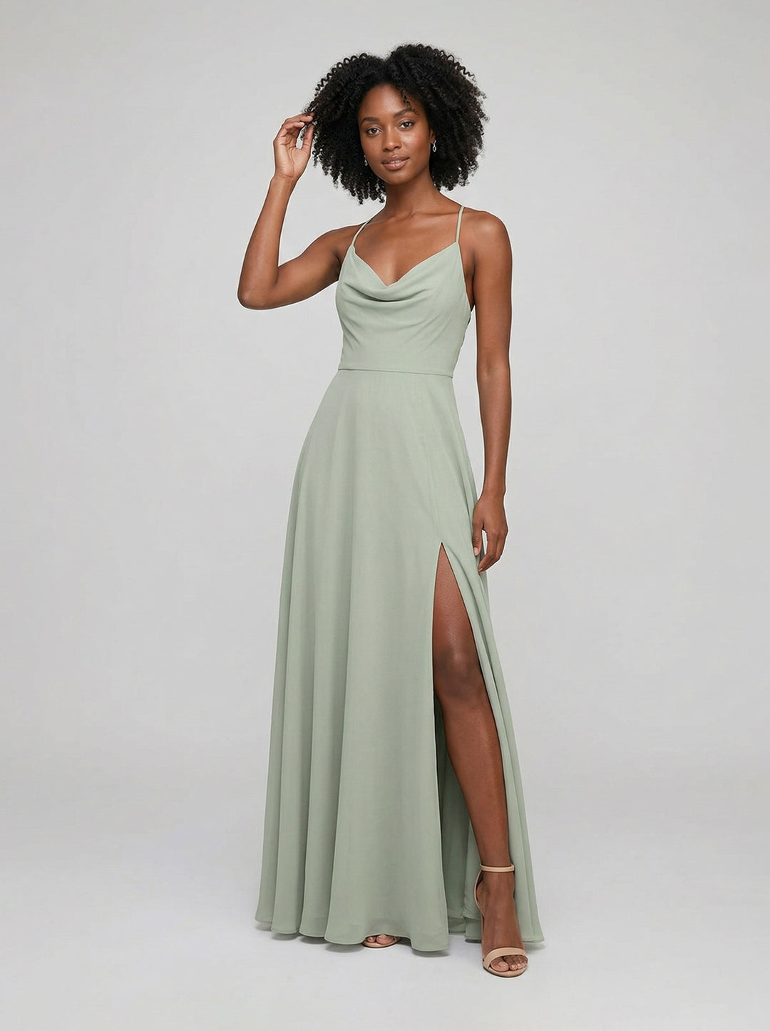 Modest Mint Green Chiffon A-Line Cowl Neck Criss-Cross Straps Ankle-Length Bridesmaid Dress