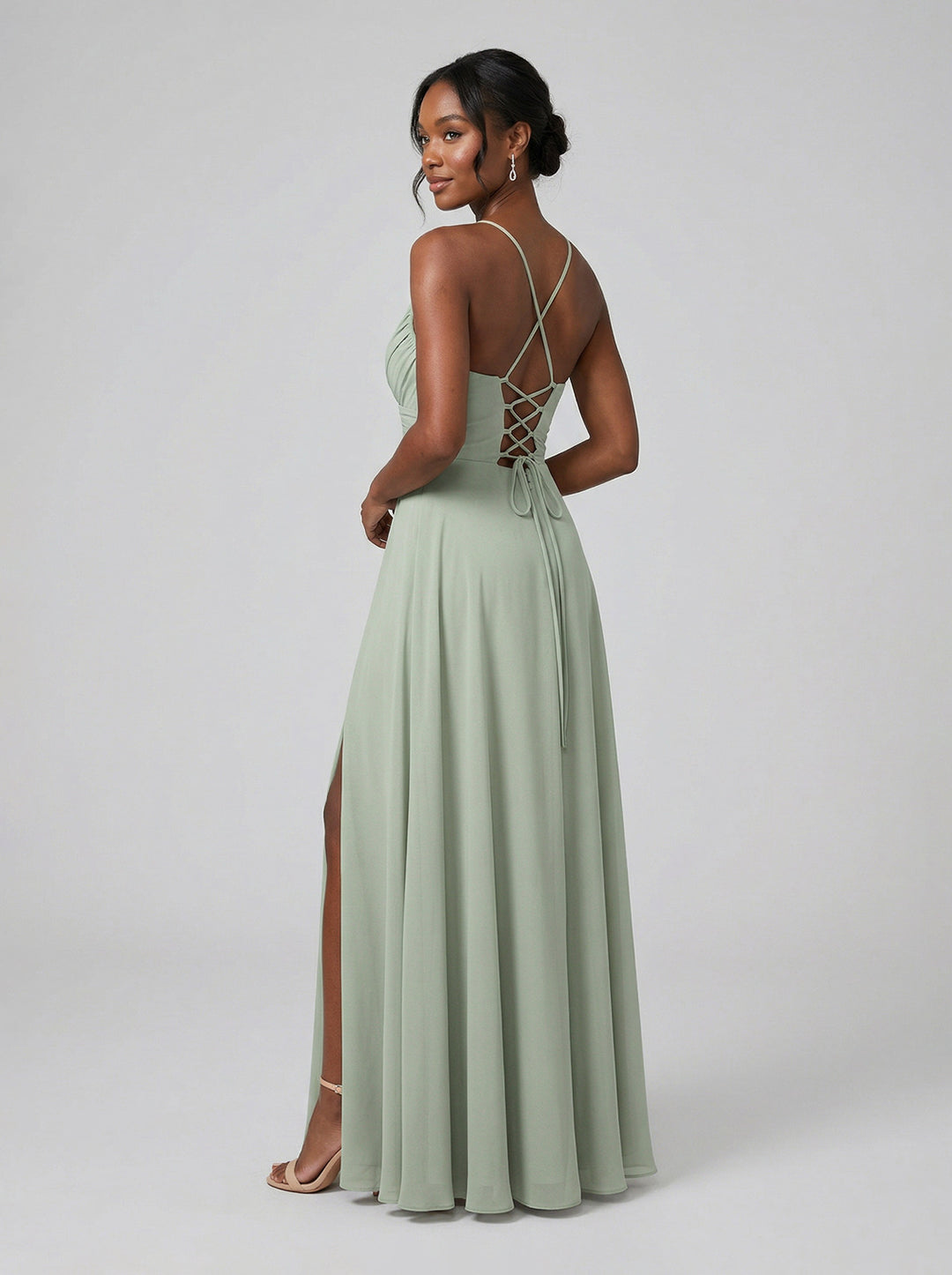 Modest Mint Green Chiffon A-Line Cowl Neck Criss-Cross Straps Ankle-Length Bridesmaid Dress