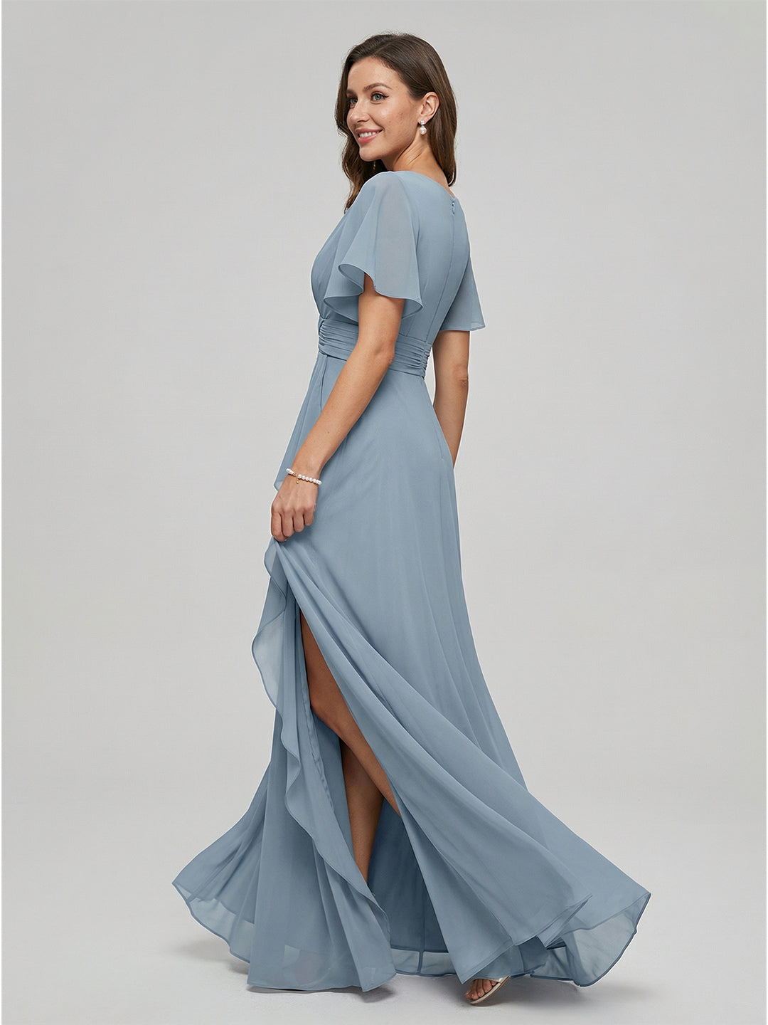 Modest Dusty Blue Chiffon Empire V-Neck Back Zip with  Ankle-Length Bridesmaid Dress