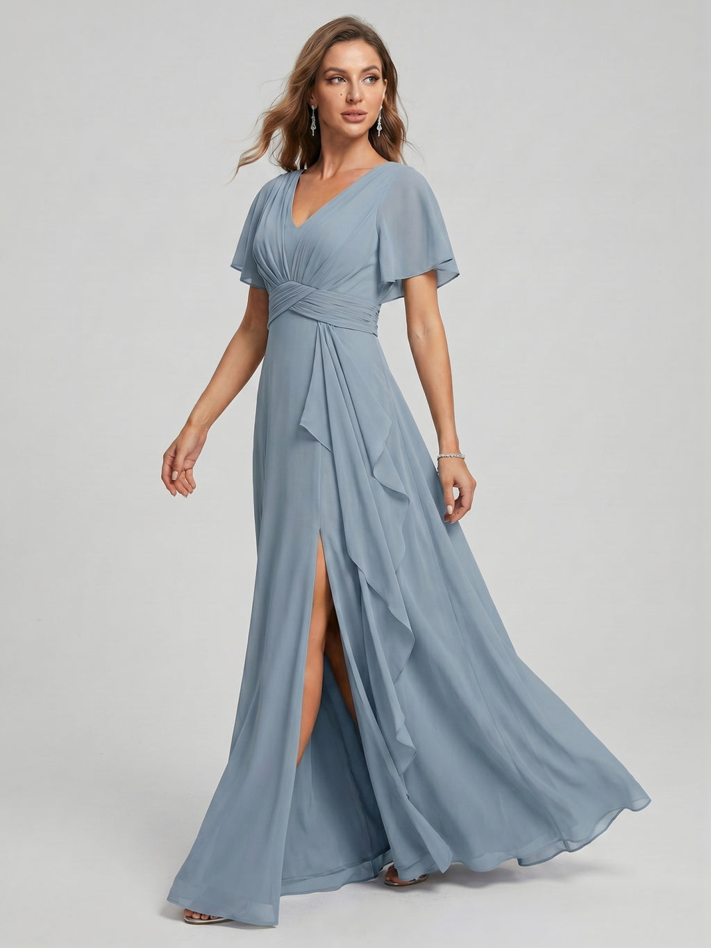 Modest Dusty Blue Chiffon Empire V-Neck Back Zip with  Ankle-Length Bridesmaid Dress