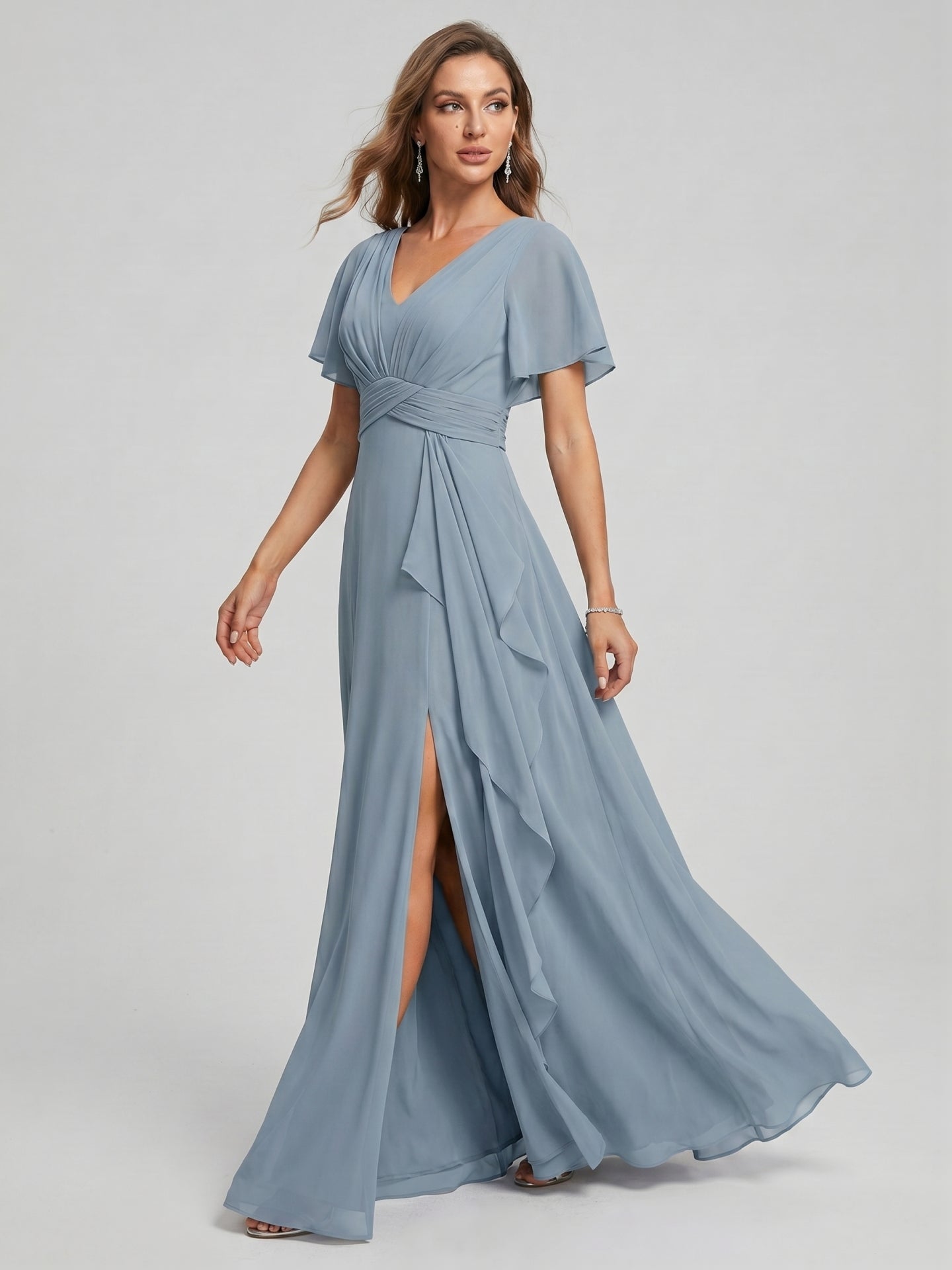 Modest Dusty Blue Chiffon Empire V-Neck Back Zip with  Ankle-Length Bridesmaid Dress