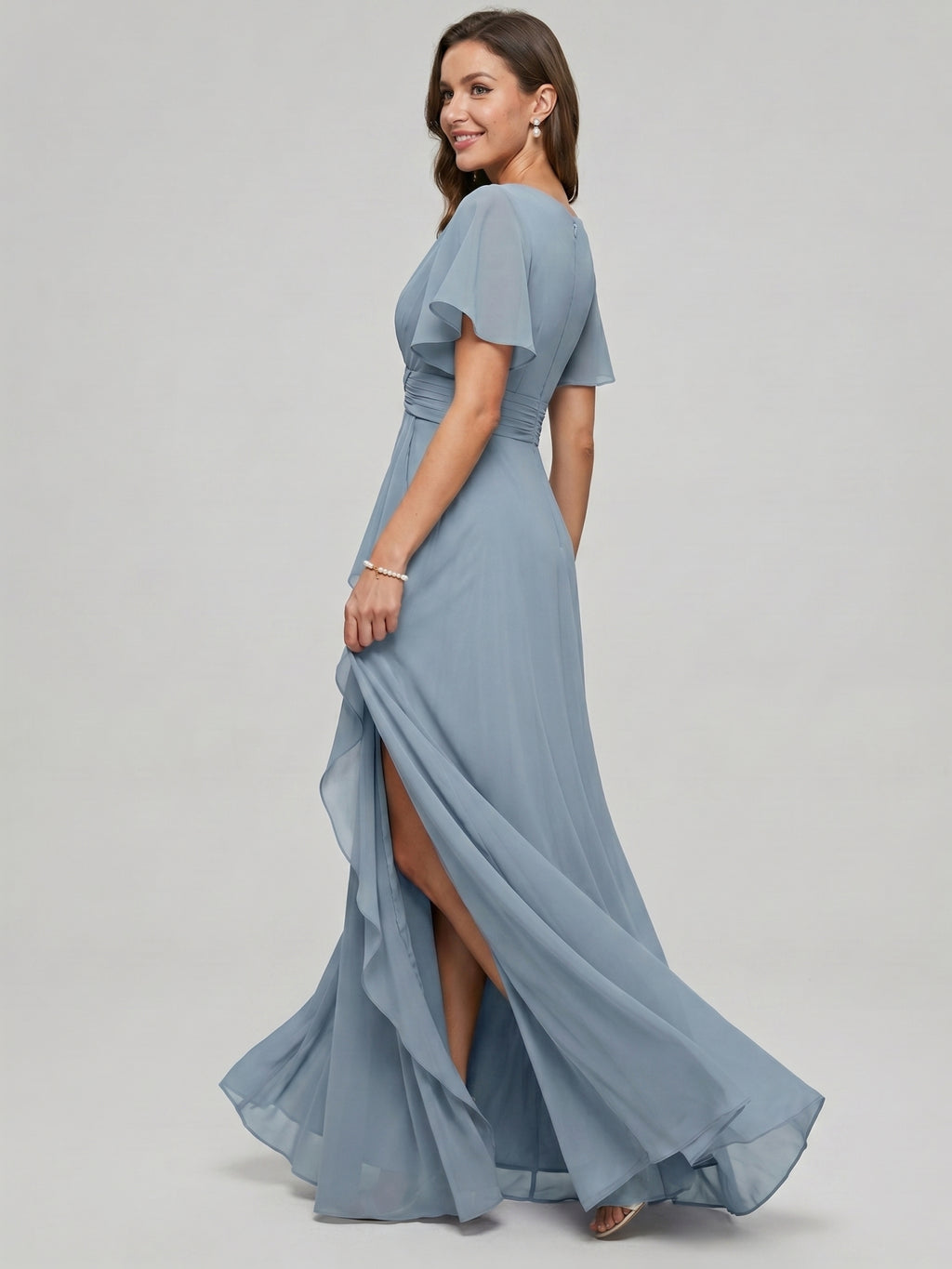 Modest Dusty Blue Chiffon Empire V-Neck Back Zip with  Ankle-Length Bridesmaid Dress