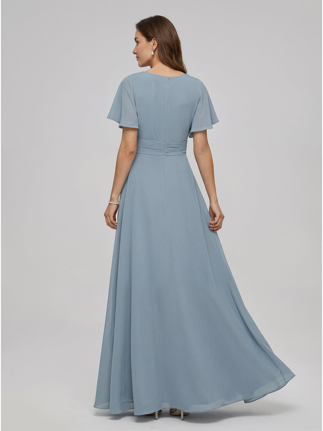 Modest Dusty Blue Chiffon Empire V-Neck Back Zip with  Ankle-Length Bridesmaid Dress