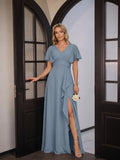 Modest Dusty Blue Chiffon Empire V-Neck Back Zip with  Ankle-Length Bridesmaid Dress