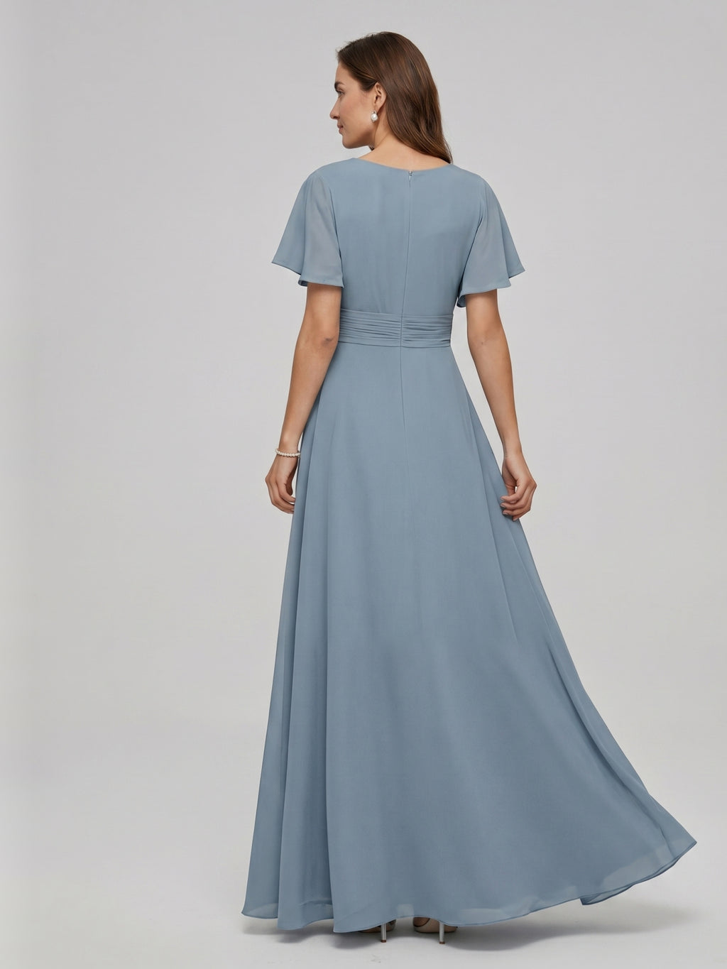 Modest Dusty Blue Chiffon Empire V-Neck Back Zip with  Ankle-Length Bridesmaid Dress