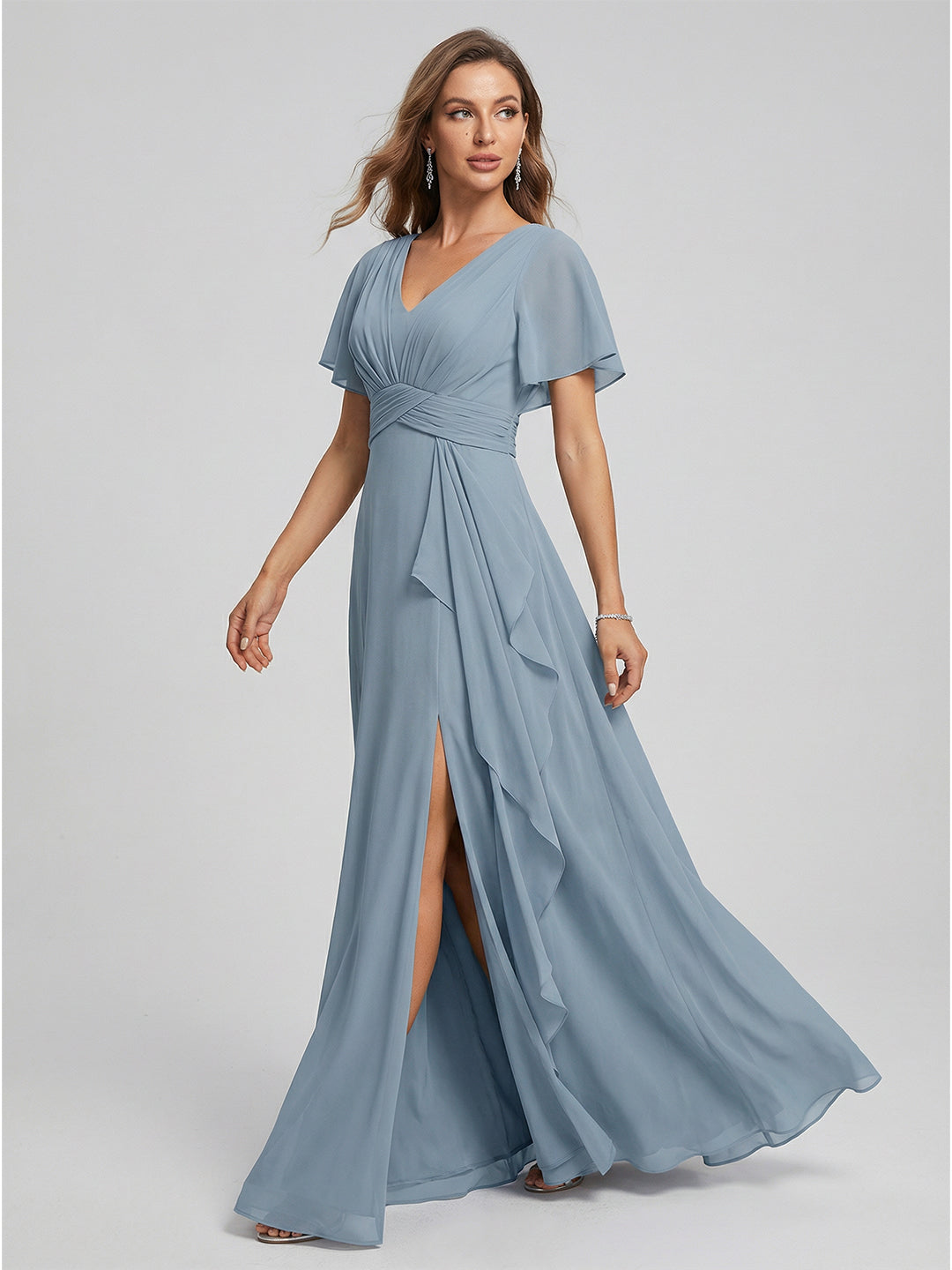 Modest Dusty Blue Chiffon Empire V-Neck Back Zip with  Ankle-Length Bridesmaid Dress