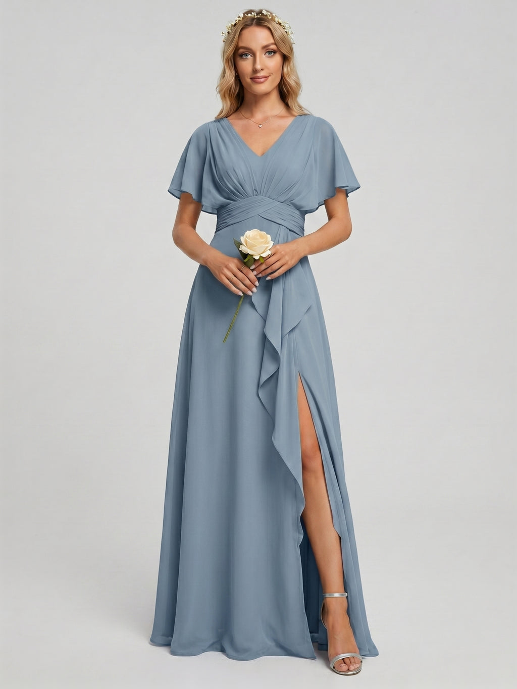 Modest Dusty Blue Chiffon Empire V-Neck Back Zip with  Ankle-Length Bridesmaid Dress