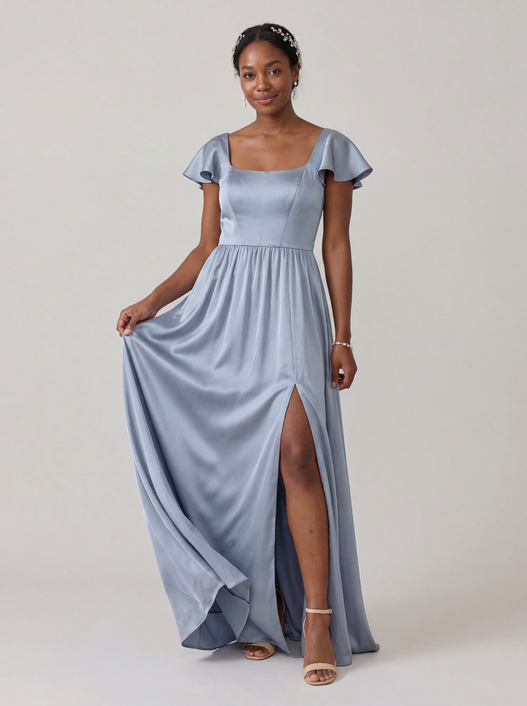 Modest Dusty Blue Satin A-Line Square Neck Back Zip Ankle-Length Bridesmaid Dress