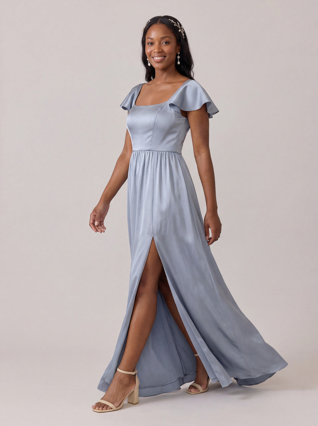 Modest Dusty Blue Satin A-Line Square Neck Back Zip Ankle-Length Bridesmaid Dress