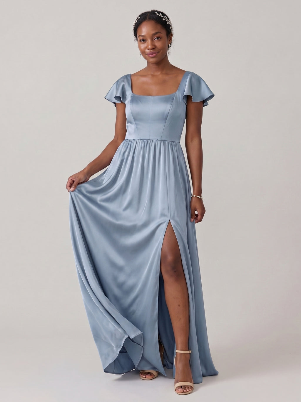 Modest Dusty Blue Satin A-Line Square Neck Back Zip Ankle-Length Bridesmaid Dress
