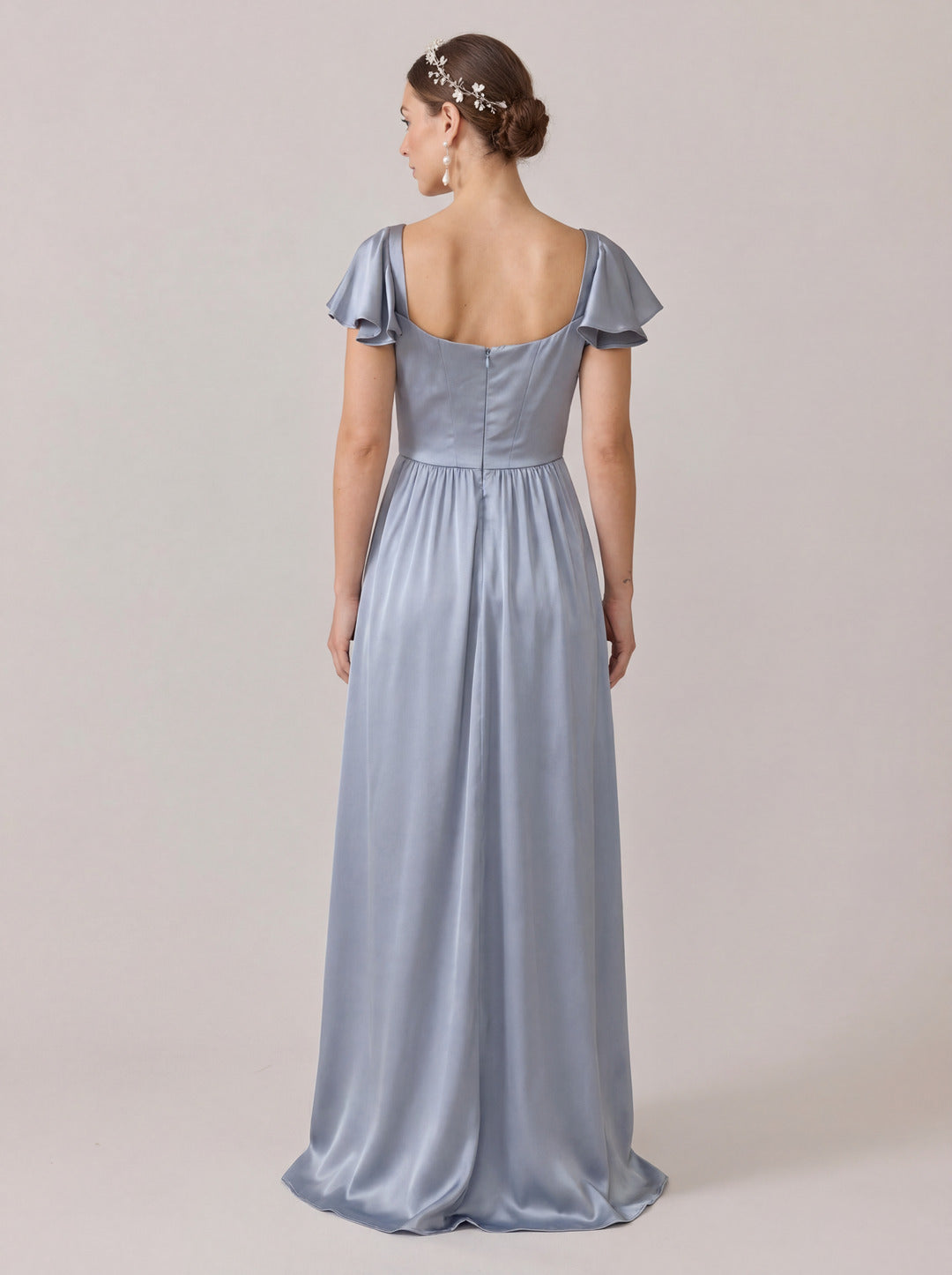 Modest Dusty Blue Satin A-Line Square Neck Back Zip Ankle-Length Bridesmaid Dress