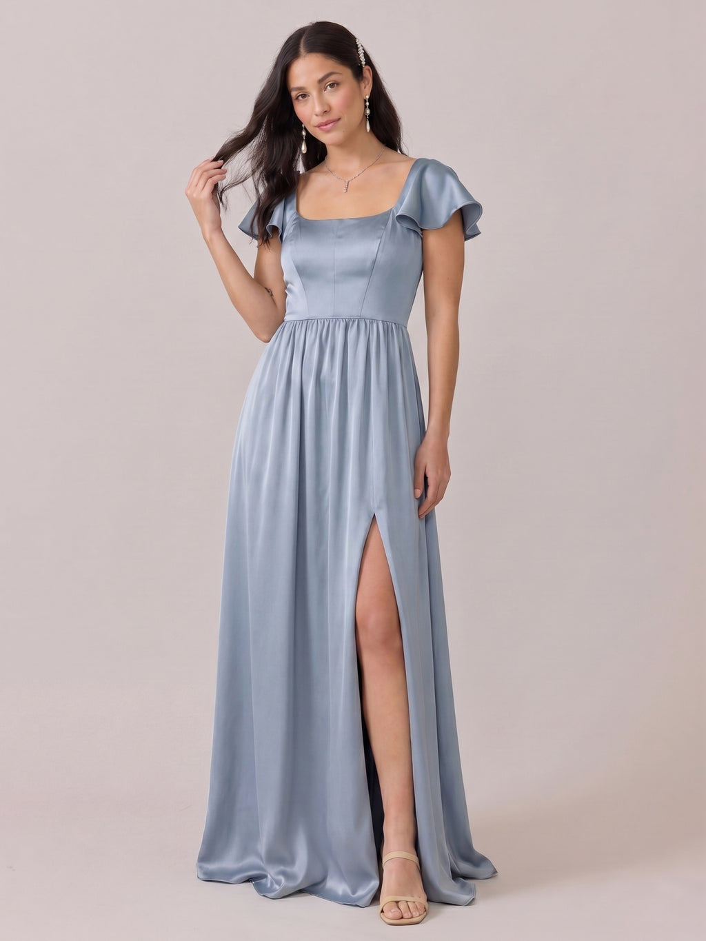 Modest Dusty Blue Satin A-Line Square Neck Back Zip Ankle-Length Bridesmaid Dress