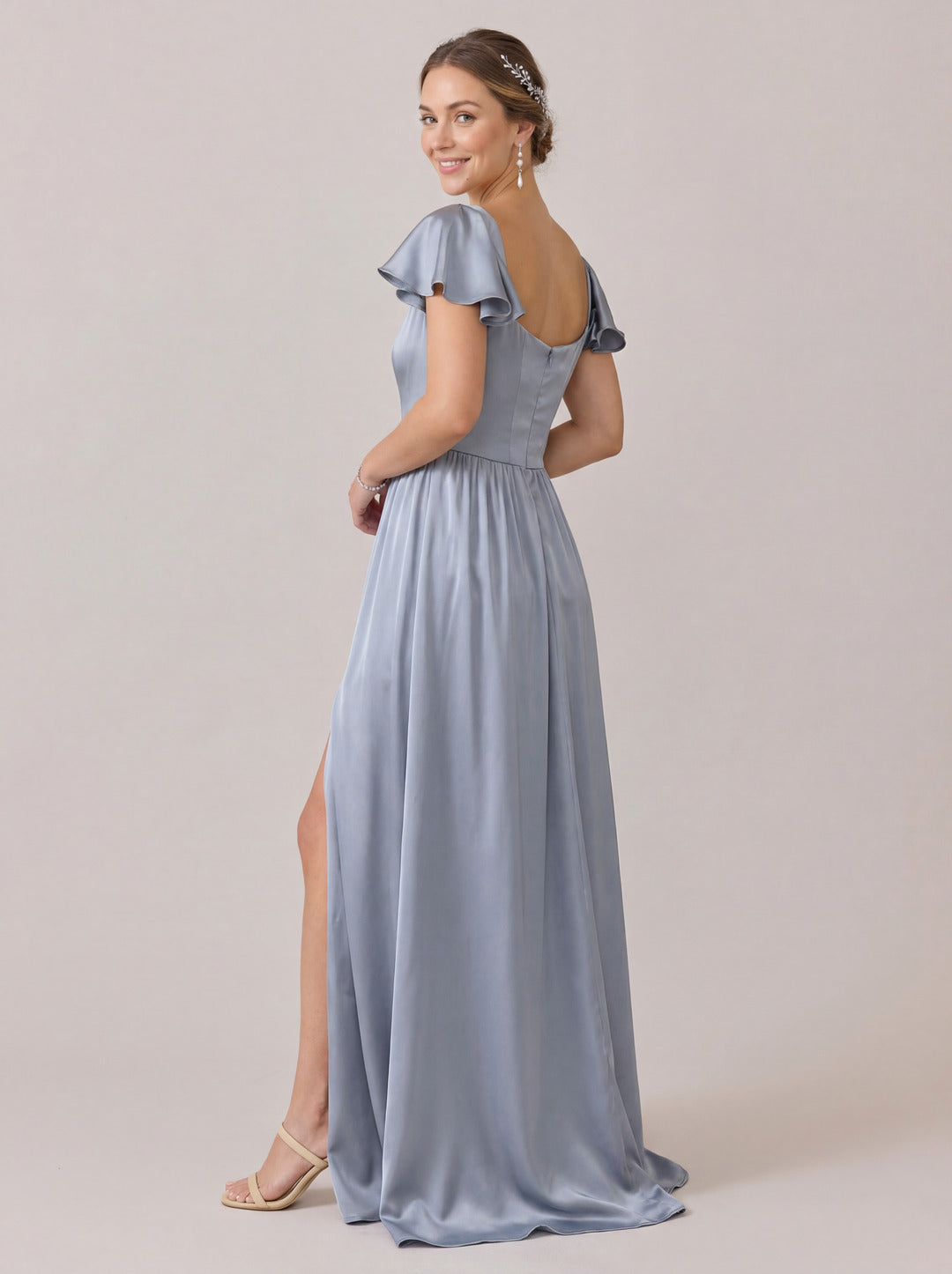 Modest Dusty Blue Satin A-Line Square Neck Back Zip Ankle-Length Bridesmaid Dress