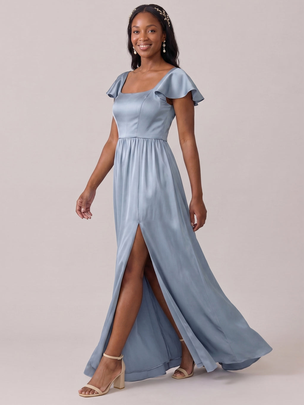 Modest Dusty Blue Satin A-Line Square Neck Back Zip Ankle-Length Bridesmaid Dress