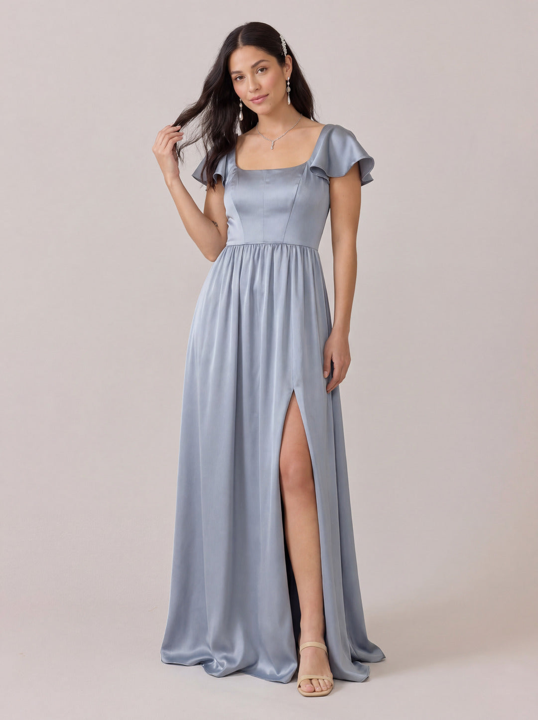 Modest Dusty Blue Satin A-Line Square Neck Back Zip Ankle-Length Bridesmaid Dress