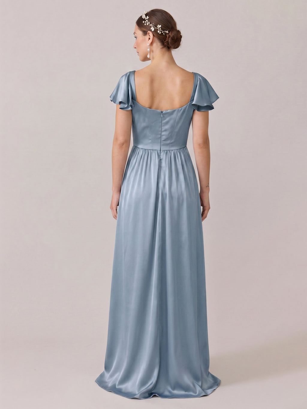 Modest Dusty Blue Satin A-Line Square Neck Back Zip Ankle-Length Bridesmaid Dress