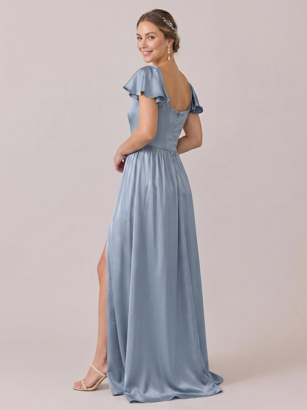 Modest Dusty Blue Satin A-Line Square Neck Back Zip Ankle-Length Bridesmaid Dress