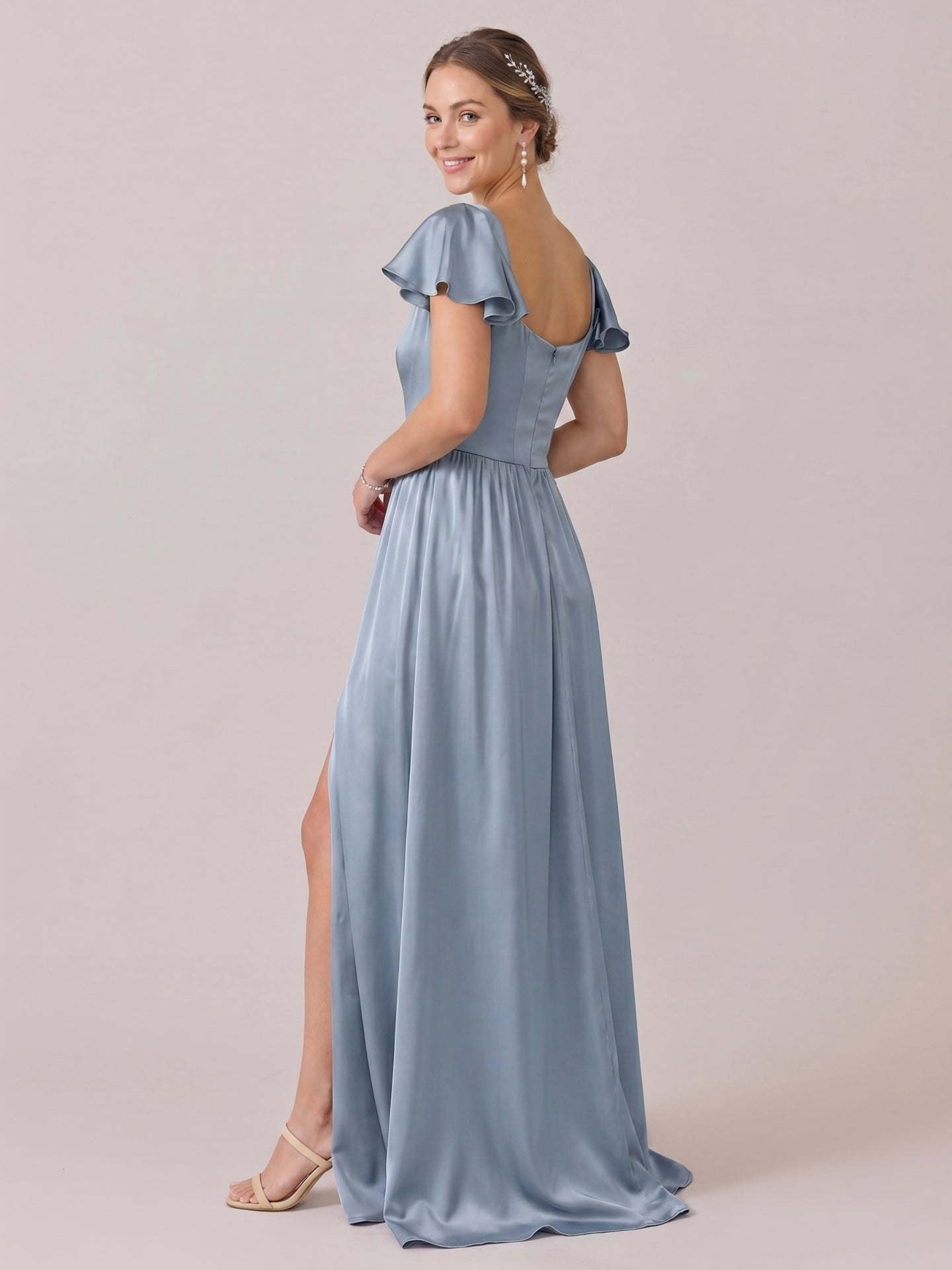 Modest Dusty Blue Satin A-Line Square Neck Back Zip Ankle-Length Bridesmaid Dress
