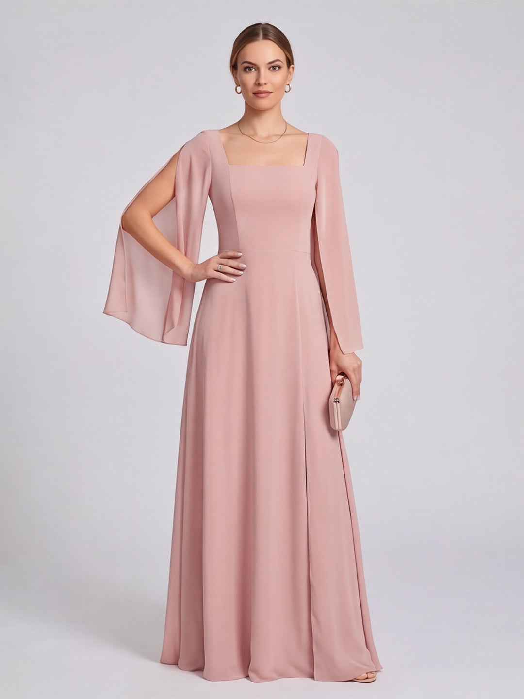 Modest Dusty Rose Chiffon A-Line Square Neck Backless Ankle-Length Bridesmaid Dress