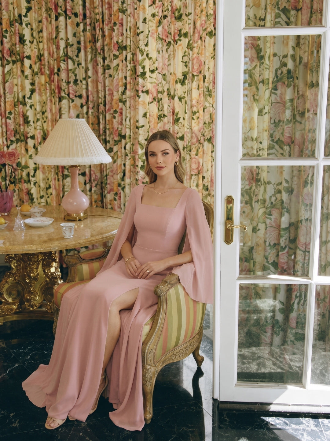 Modest Dusty Rose Chiffon A-Line Square Neck Backless Ankle-Length Bridesmaid Dress