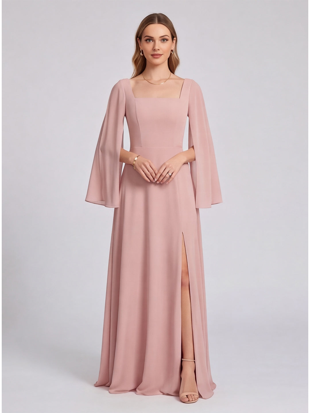 Modest Dusty Rose Chiffon A-Line Square Neck Backless Ankle-Length Bridesmaid Dress
