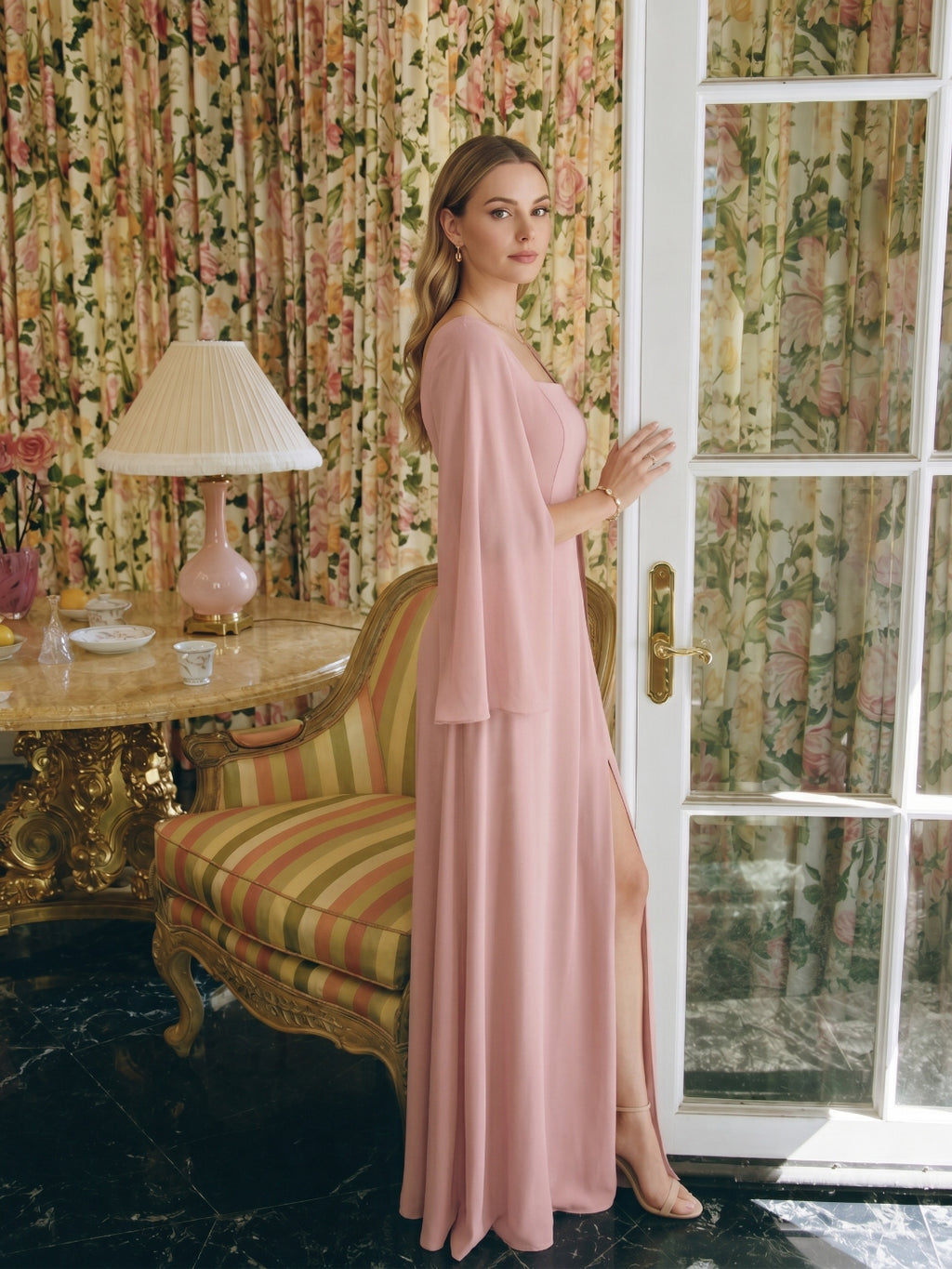 Modest Dusty Rose Chiffon A-Line Square Neck Backless Ankle-Length Bridesmaid Dress