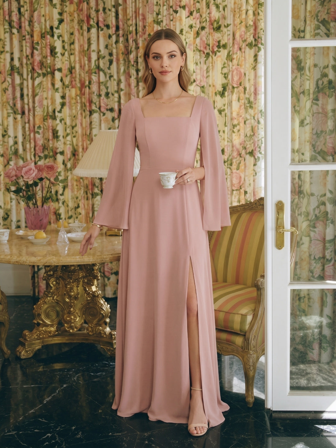Modest Dusty Rose Chiffon A-Line Square Neck Backless Ankle-Length Bridesmaid Dress