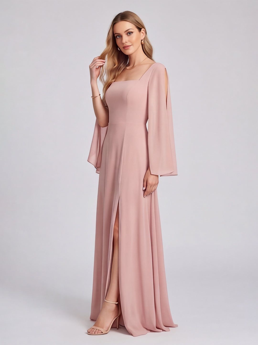 Modest Dusty Rose Chiffon A-Line Square Neck Backless Ankle-Length Bridesmaid Dress