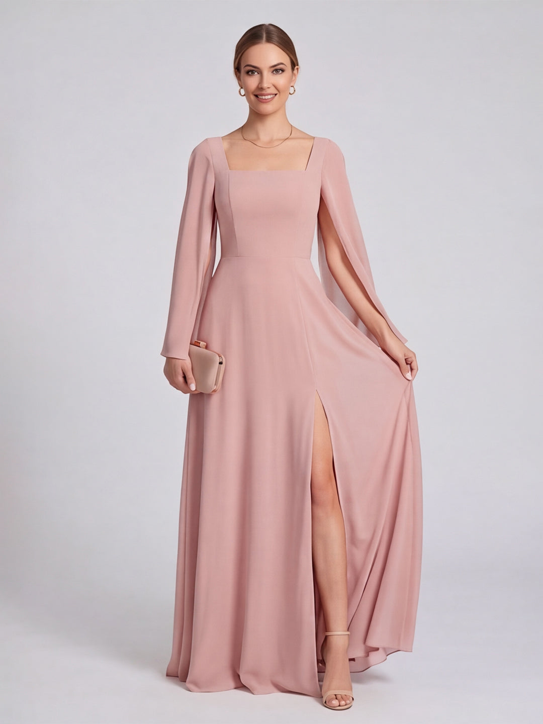 Modest Dusty Rose Chiffon A-Line Square Neck Backless Ankle-Length Bridesmaid Dress