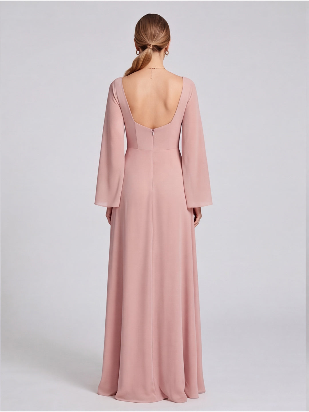Modest Dusty Rose Chiffon A-Line Square Neck Backless Ankle-Length Bridesmaid Dress