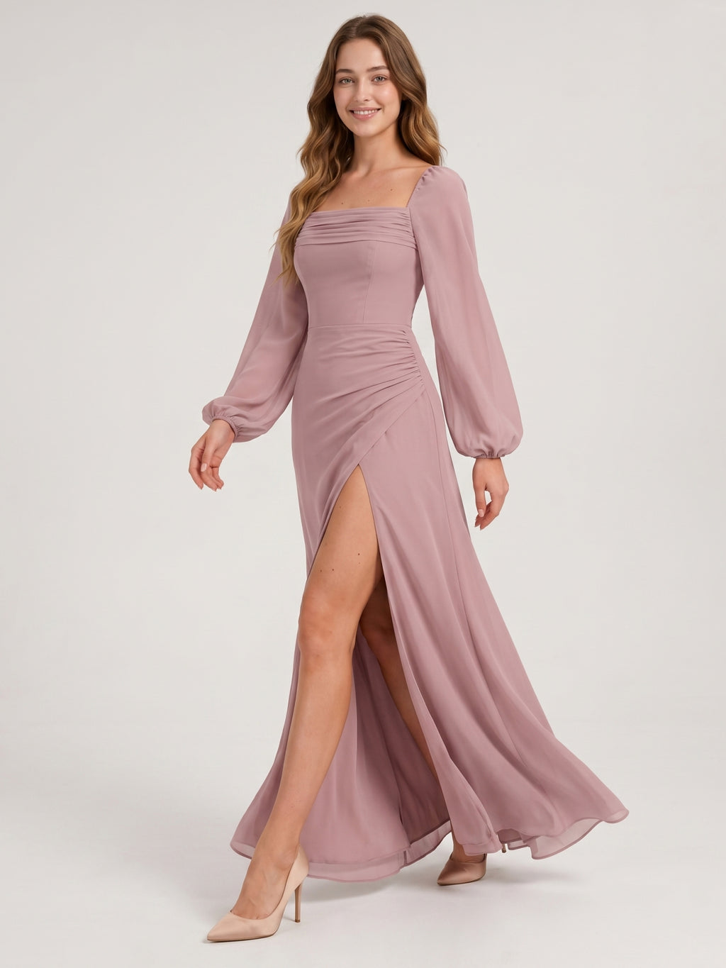 Modest Dusty Rose Chiffon A-Line Square Neck Backless with Lace Trim Ankle-Length Bridesmaid Dress