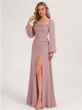 Modest Dusty Rose Chiffon A-Line Square Neck Backless with Lace Trim Ankle-Length Bridesmaid Dress