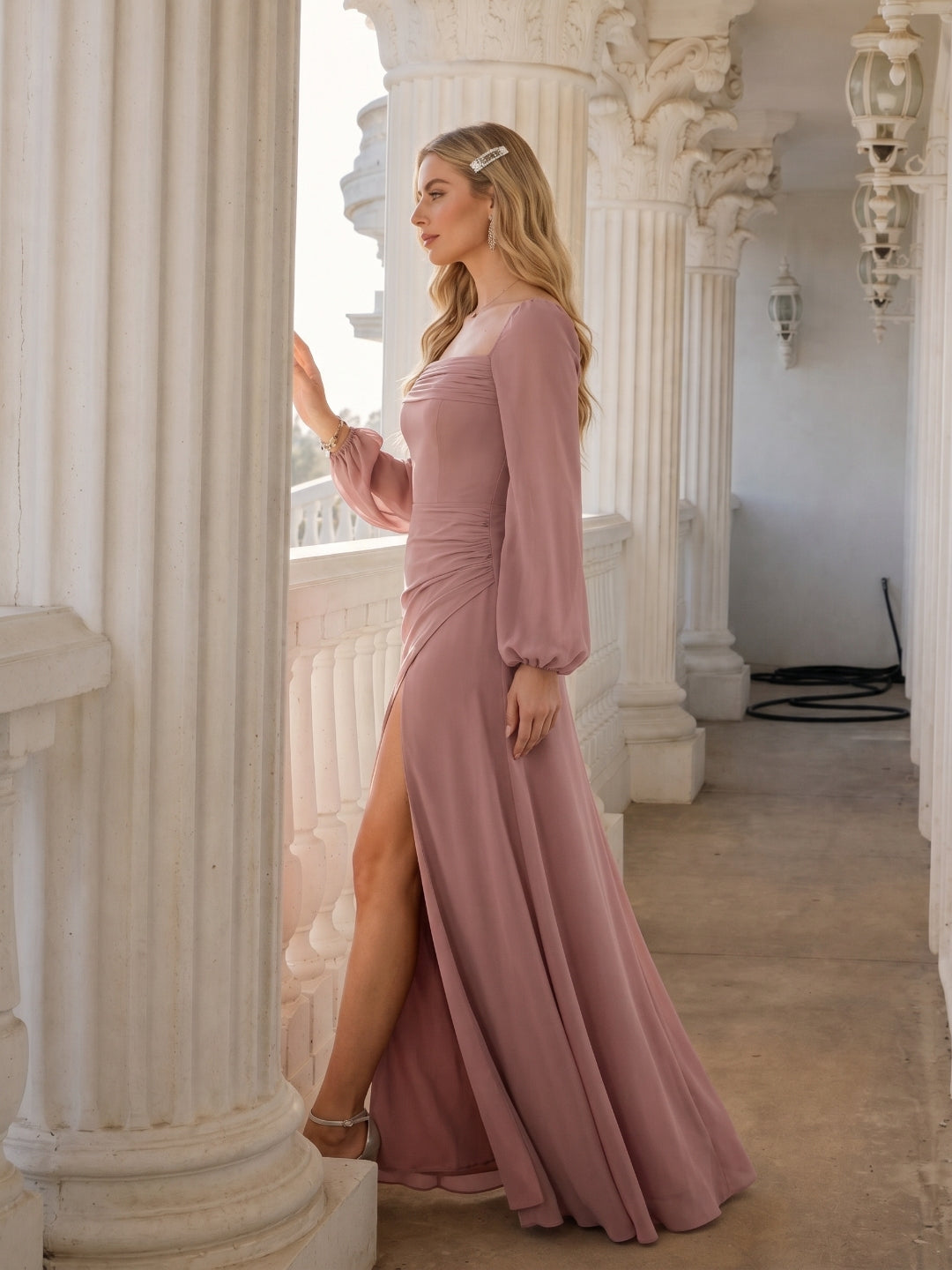 Modest Dusty Rose Chiffon A-Line Square Neck Backless with Lace Trim Ankle-Length Bridesmaid Dress