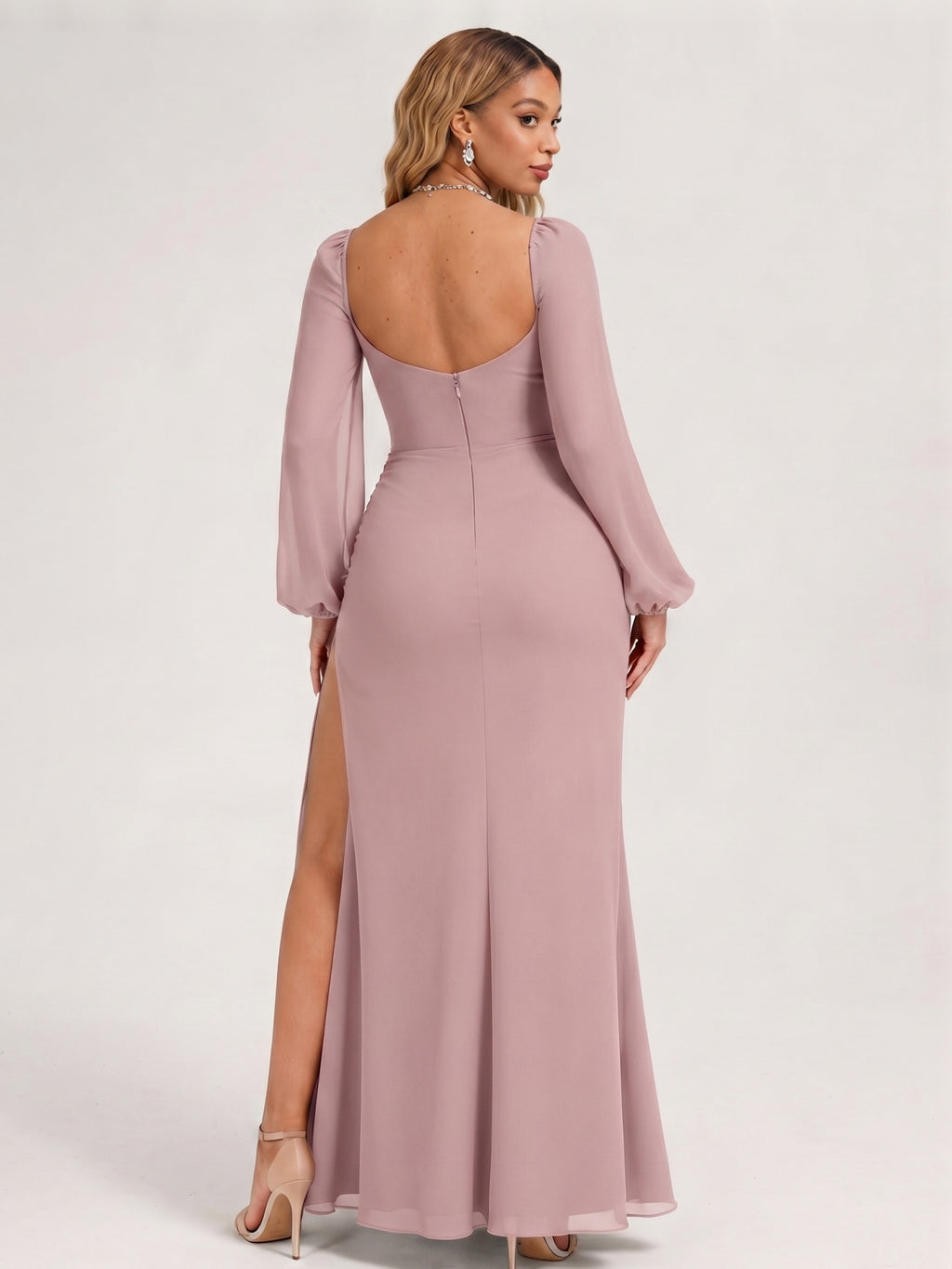 Modest Dusty Rose Chiffon A-Line Square Neck Backless with Lace Trim Ankle-Length Bridesmaid Dress