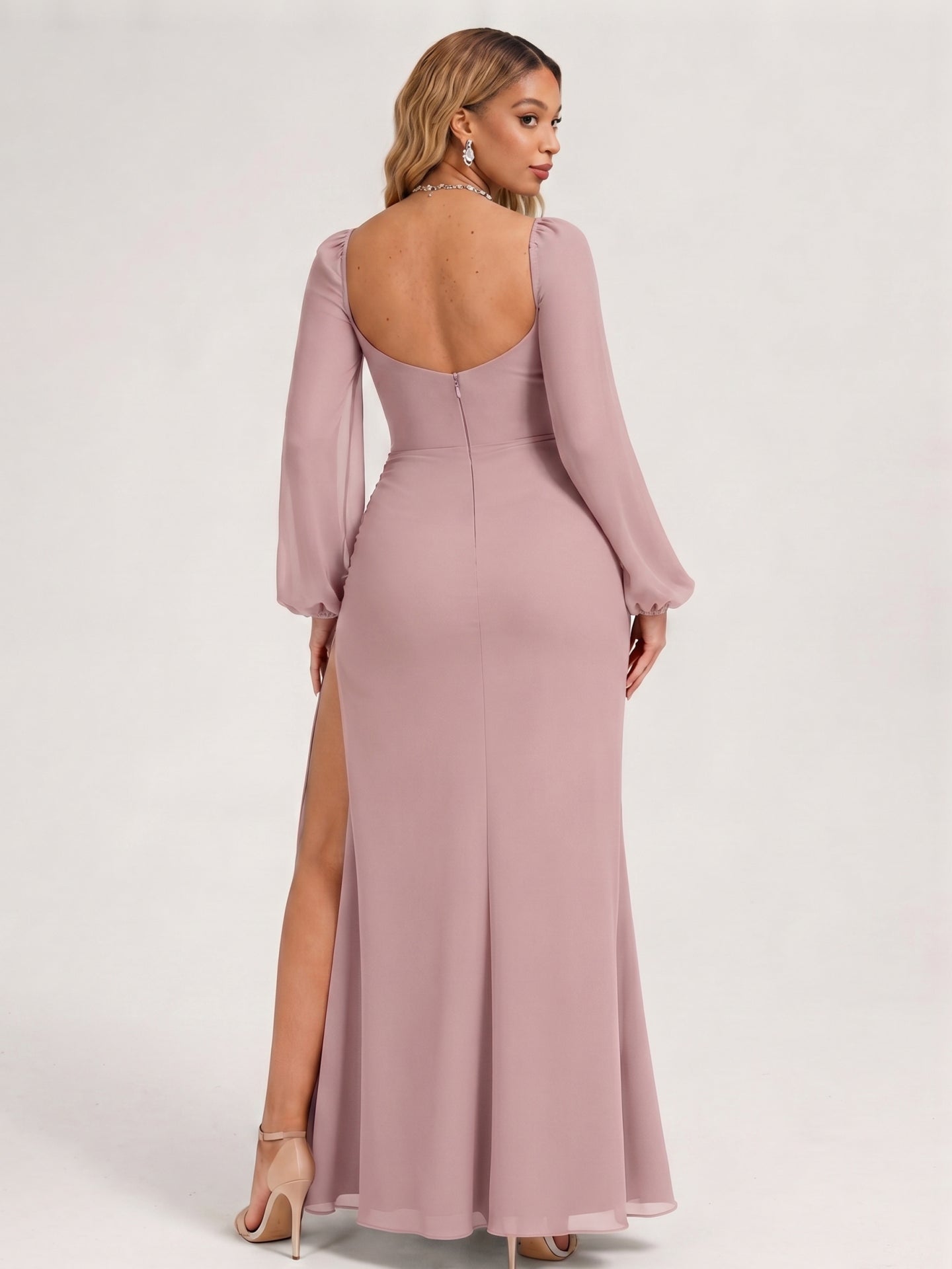 Modest Dusty Rose Chiffon A-Line Square Neck Backless with Lace Trim Ankle-Length Bridesmaid Dress