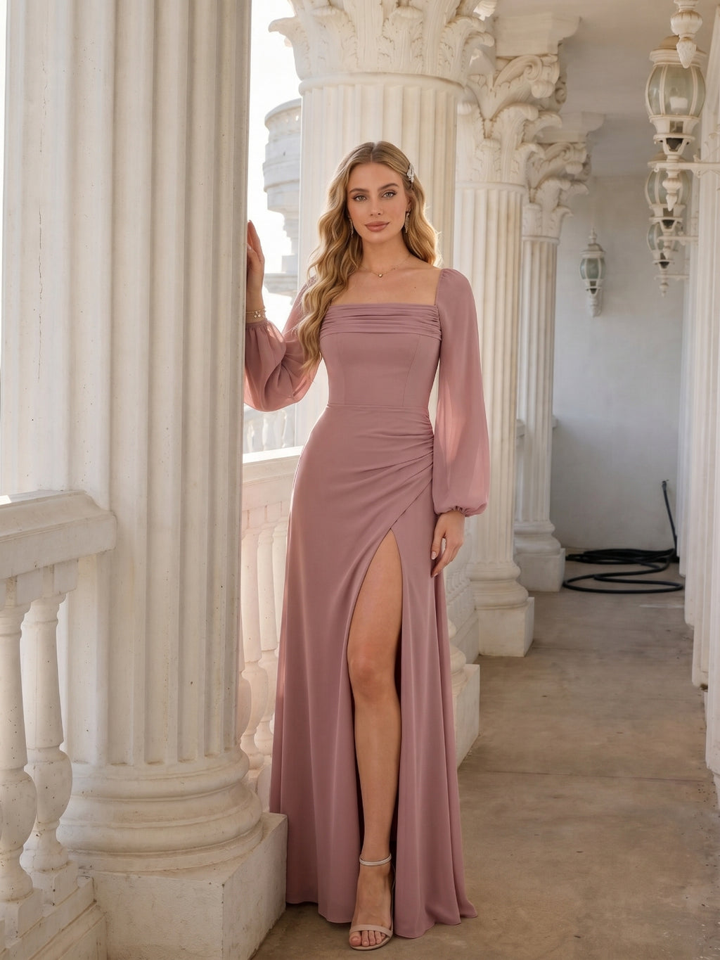 Modest Dusty Rose Chiffon A-Line Square Neck Backless with Lace Trim Ankle-Length Bridesmaid Dress