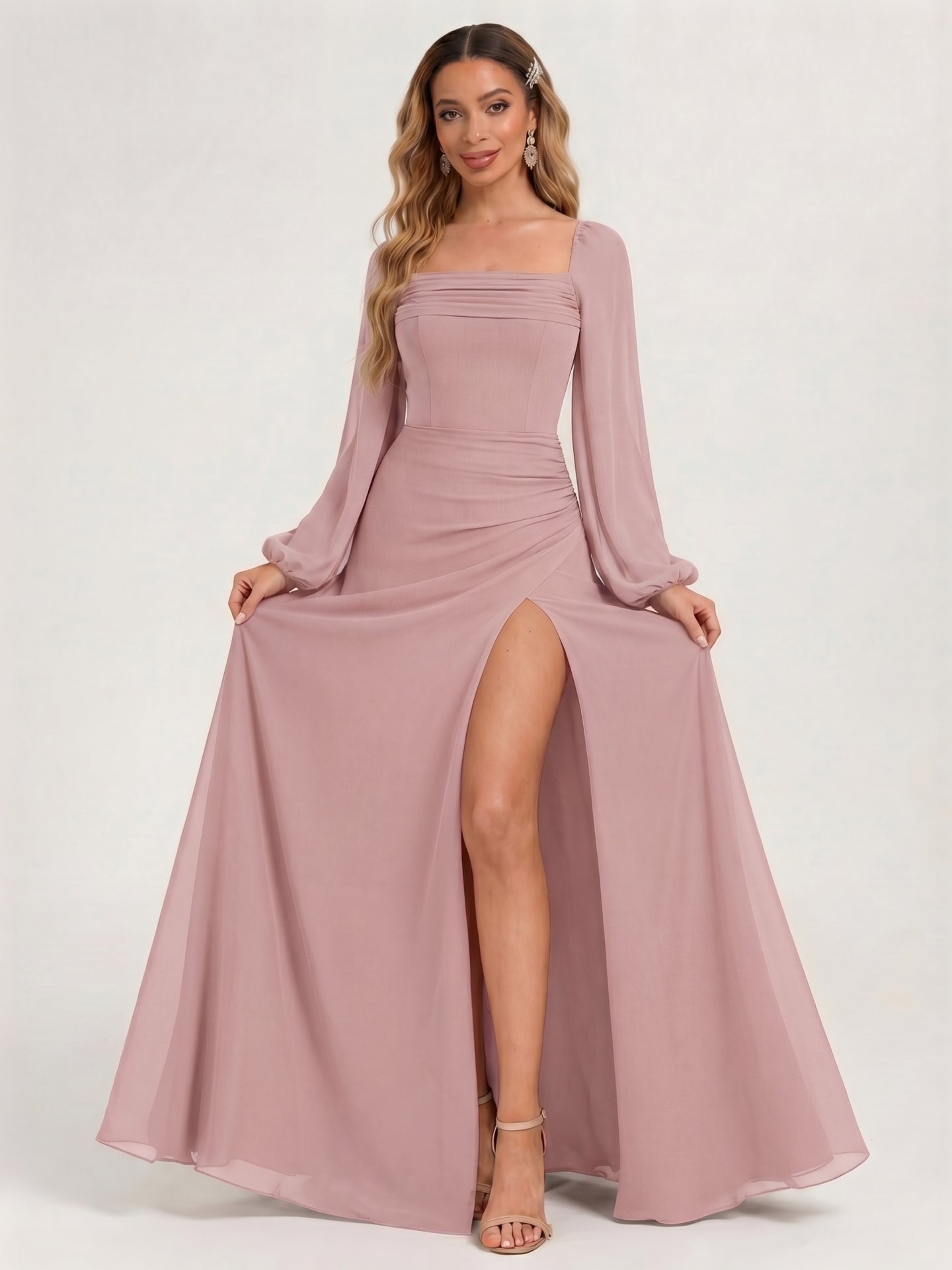 Modest Dusty Rose Chiffon A-Line Square Neck Backless with Lace Trim Ankle-Length Bridesmaid Dress