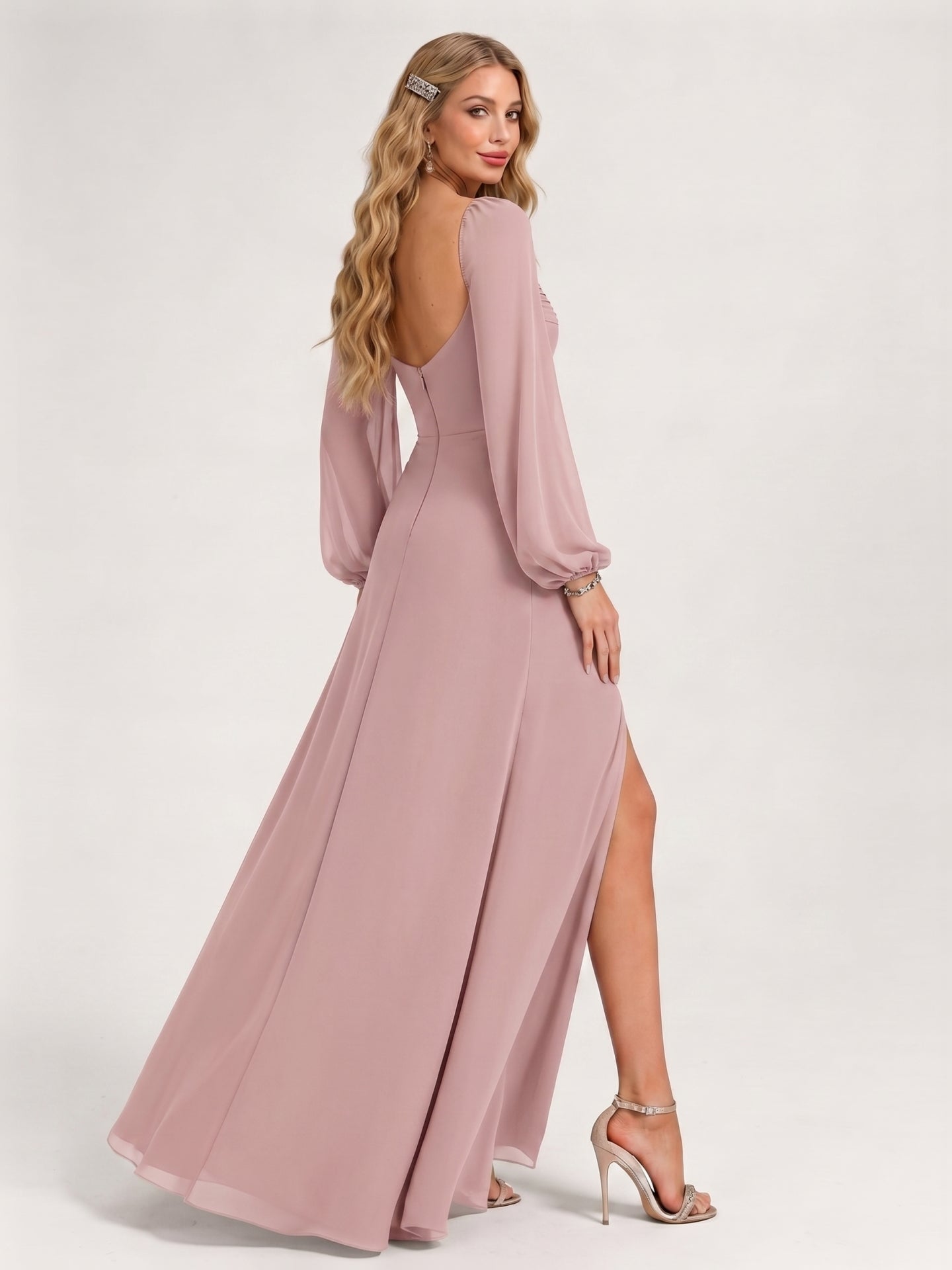 Modest Dusty Rose Chiffon A-Line Square Neck Backless with Lace Trim Ankle-Length Bridesmaid Dress