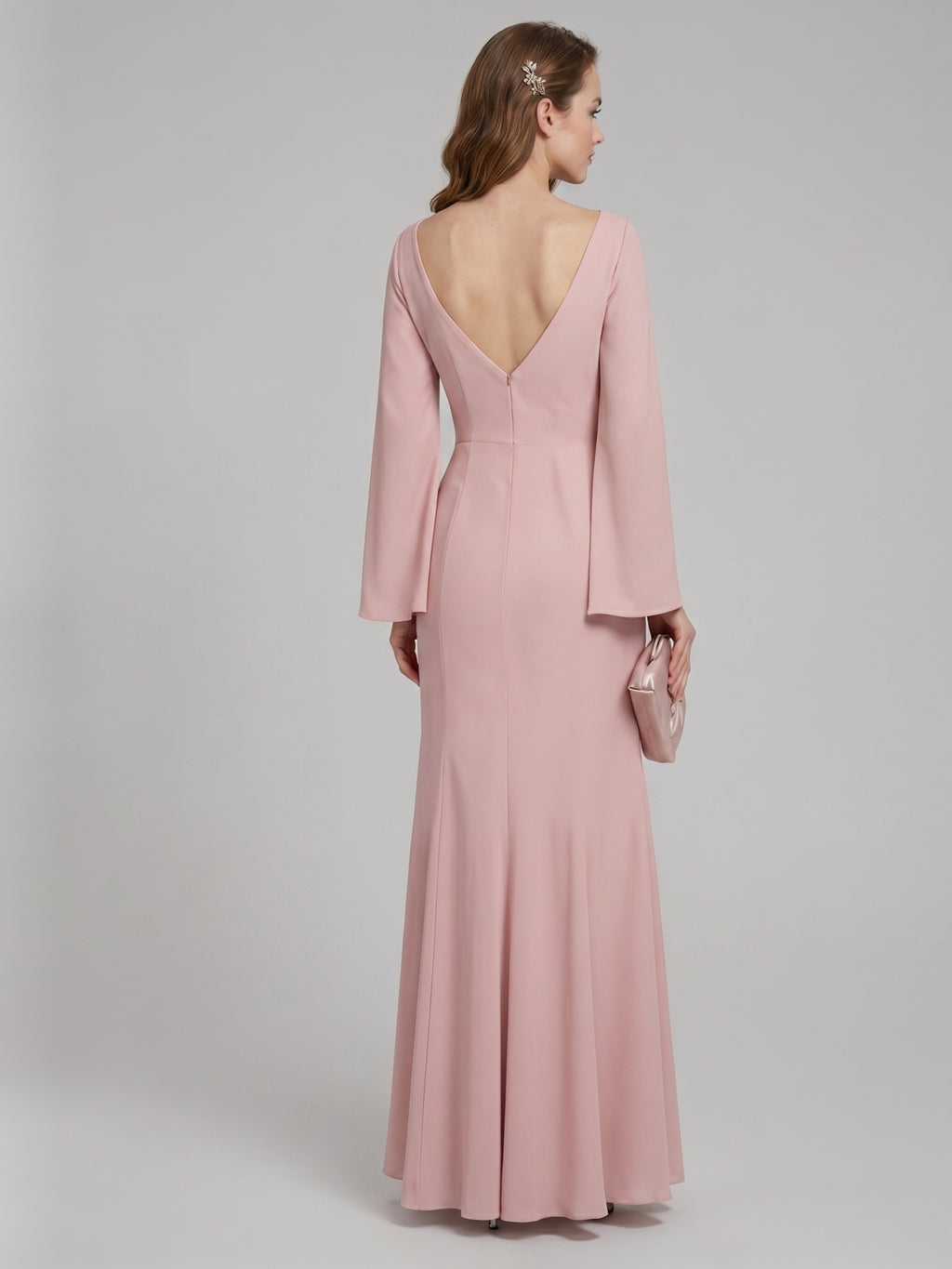 Modest Dusty Rose Chiffon column V-Neck Ankle-Length Bridesmaid Dress with Minimalist Design