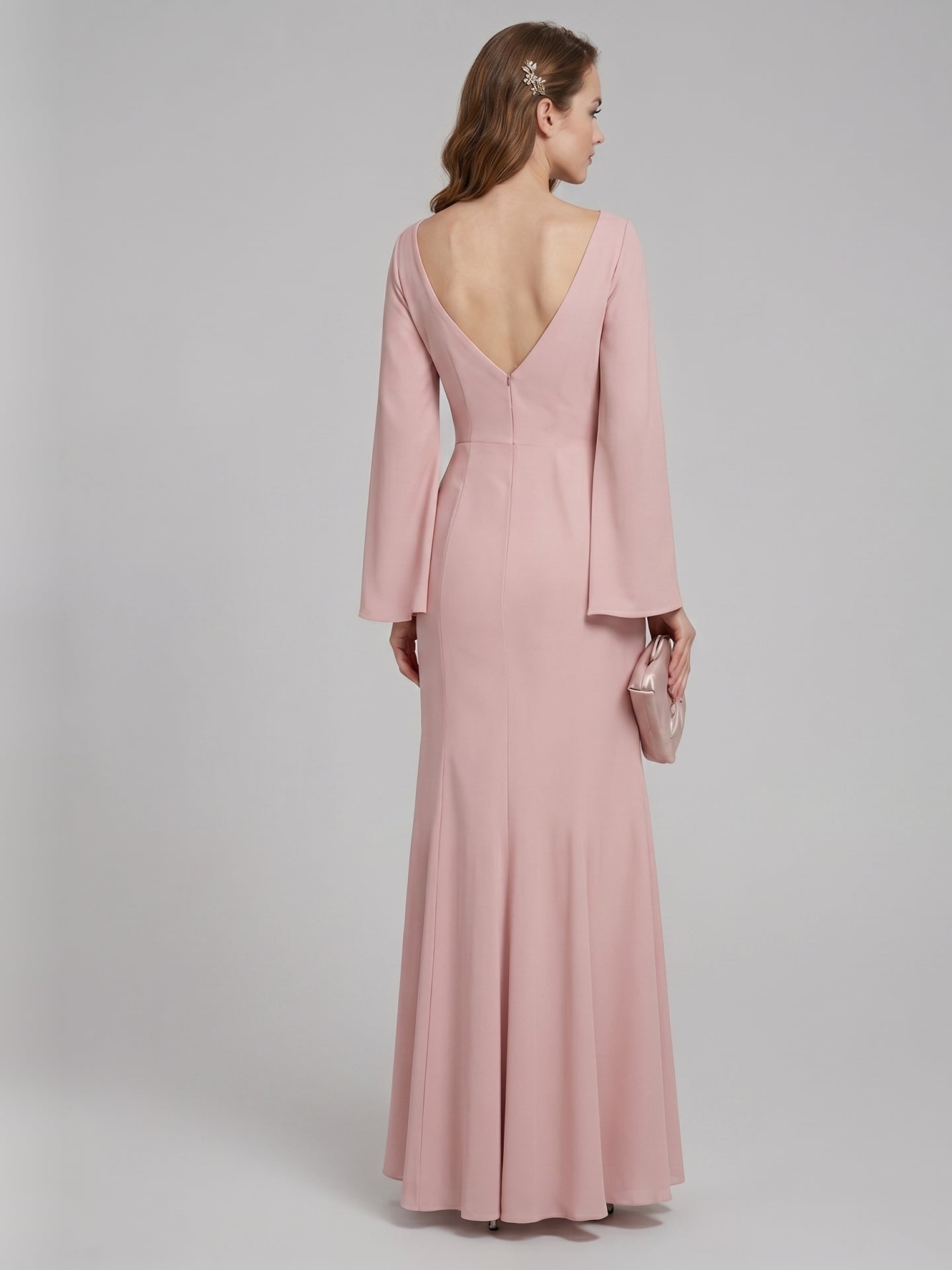 Modest Dusty Rose Chiffon column V-Neck Ankle-Length Bridesmaid Dress with Minimalist Design