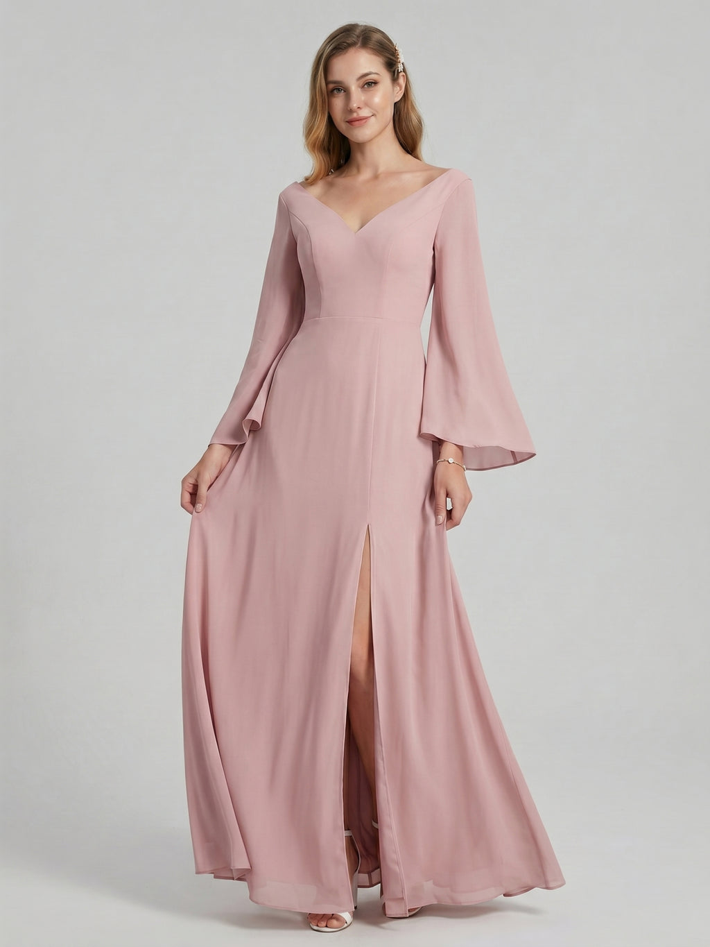 Modest Dusty Rose Chiffon column V-Neck Ankle-Length Bridesmaid Dress with Minimalist Design