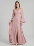 Modest Dusty Rose Chiffon column V-Neck Ankle-Length Bridesmaid Dress with Minimalist Design