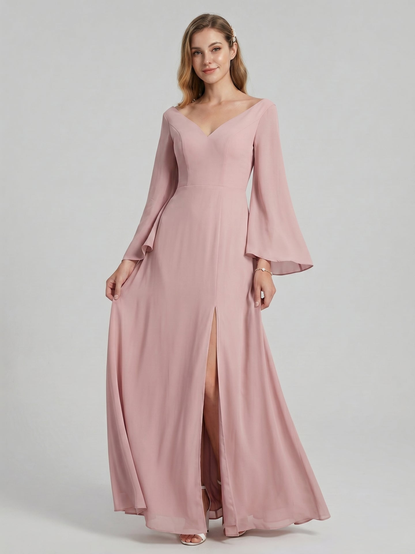 Modest Dusty Rose Chiffon column V-Neck Ankle-Length Bridesmaid Dress with Minimalist Design