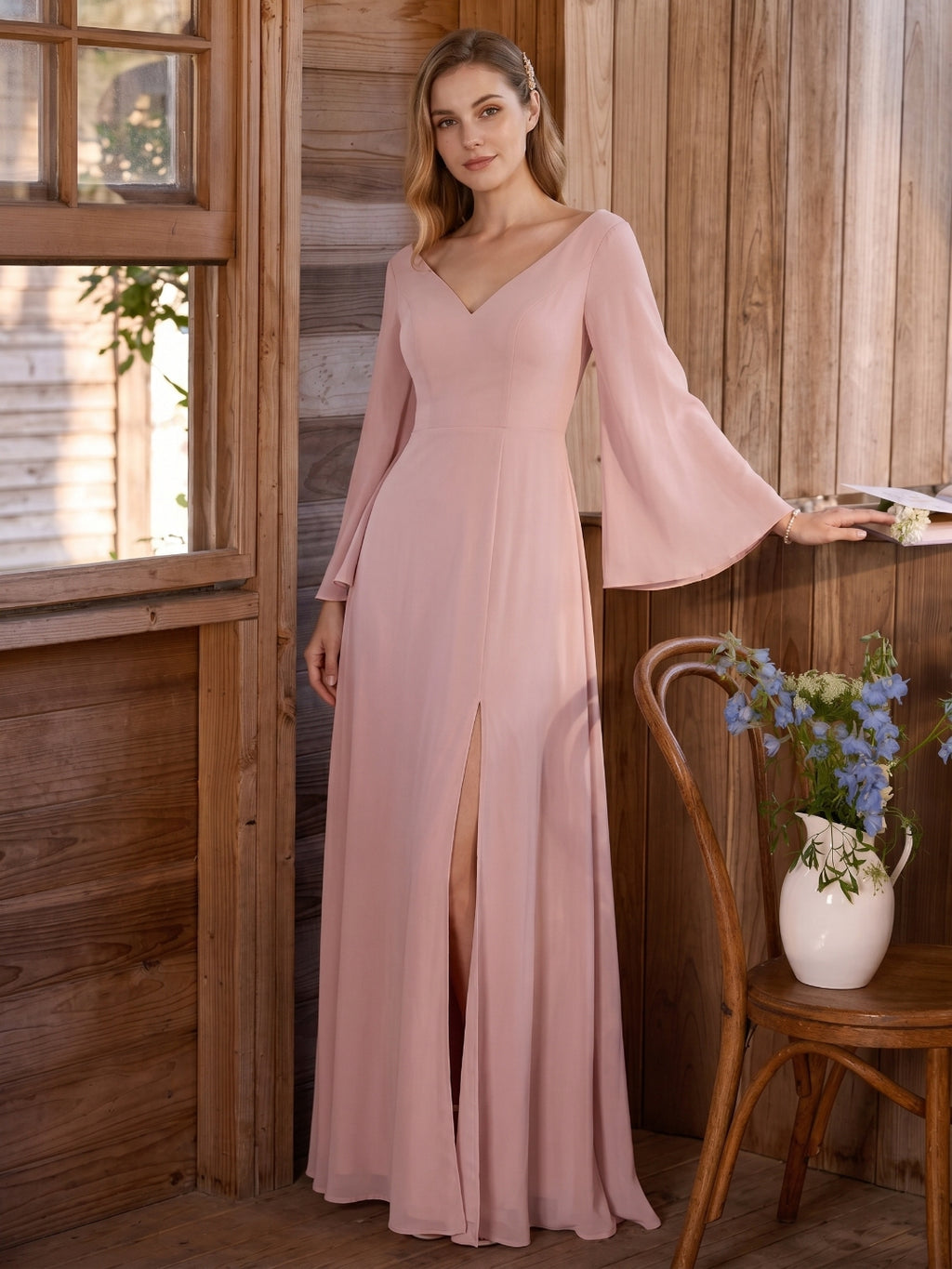 Modest Dusty Rose Chiffon column V-Neck Ankle-Length Bridesmaid Dress with Minimalist Design