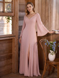Modest Dusty Rose Chiffon column V-Neck Ankle-Length Bridesmaid Dress with Minimalist Design