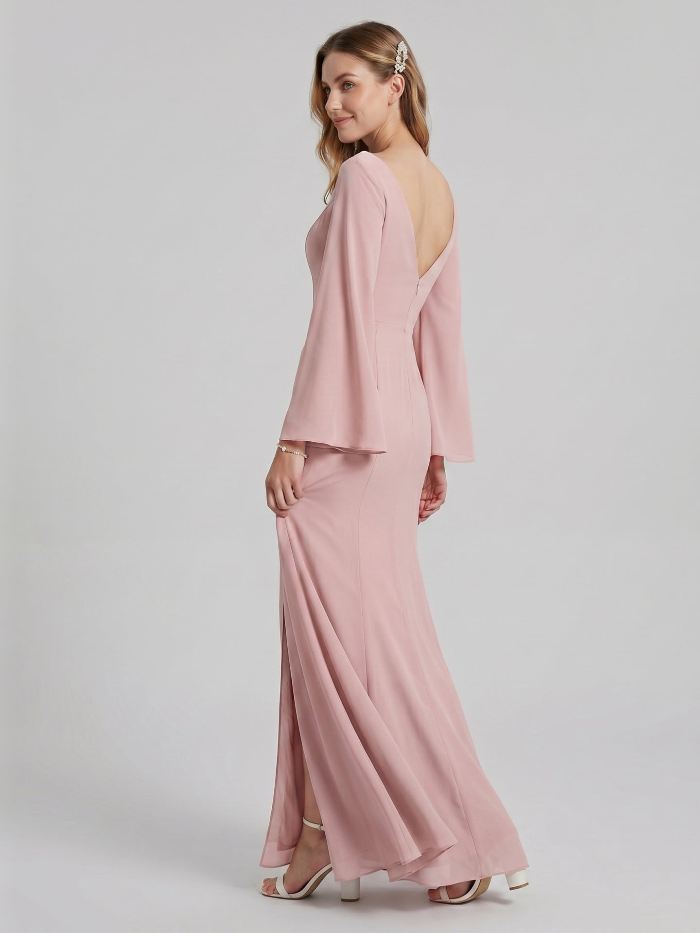 Modest Dusty Rose Chiffon column V-Neck Ankle-Length Bridesmaid Dress with Minimalist Design